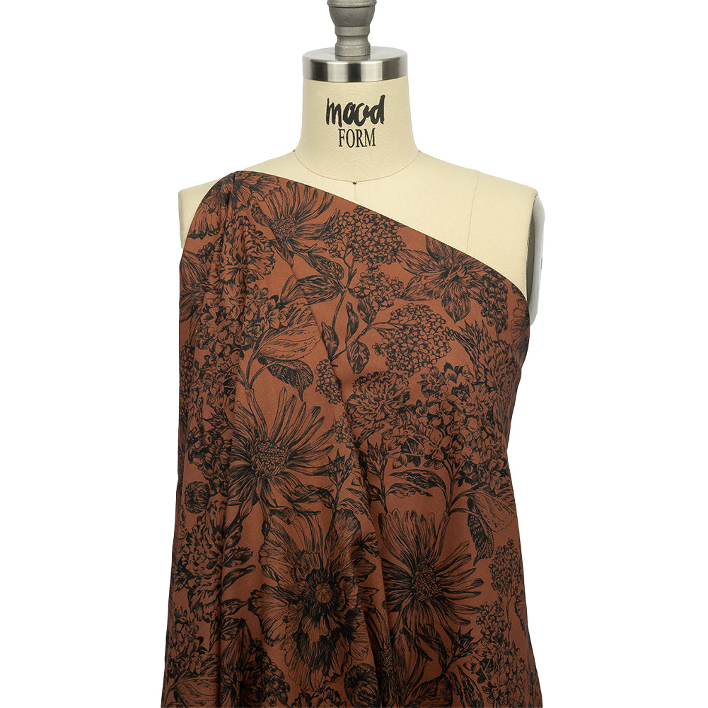 Cotton Voile - Brown and Black Floral - Ephemeral Flora Print - Mood Exclusive Serengeti Collection - Drape
