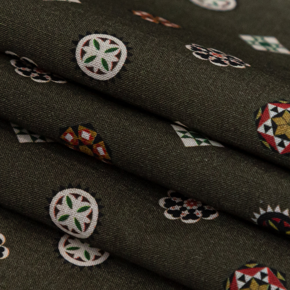 Cotton Voile - Olive Green LIttle Medallions - Emblematic Medallions Print - Mood Exclusive Serengeti Collection - Folded