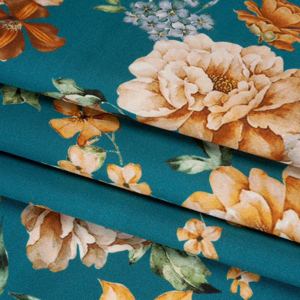 Stretch Cotton Sateen - Teal and Orange Floral - Peony Prowess Print - Mood Exclusive Tumunyana Collection - Folded