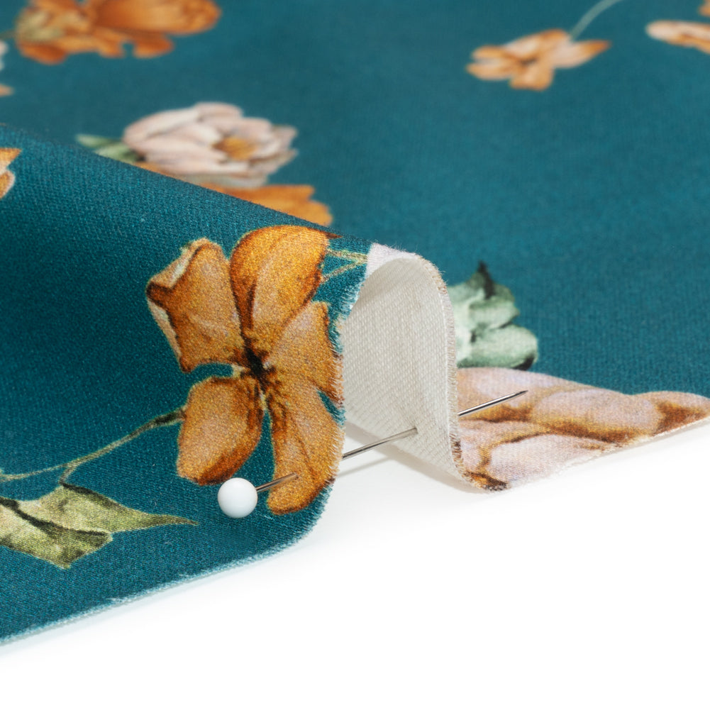 Stretch Cotton Sateen - Teal and Orange Floral - Peony Prowess Print - Mood Exclusive Tumunyana Collection - Detail