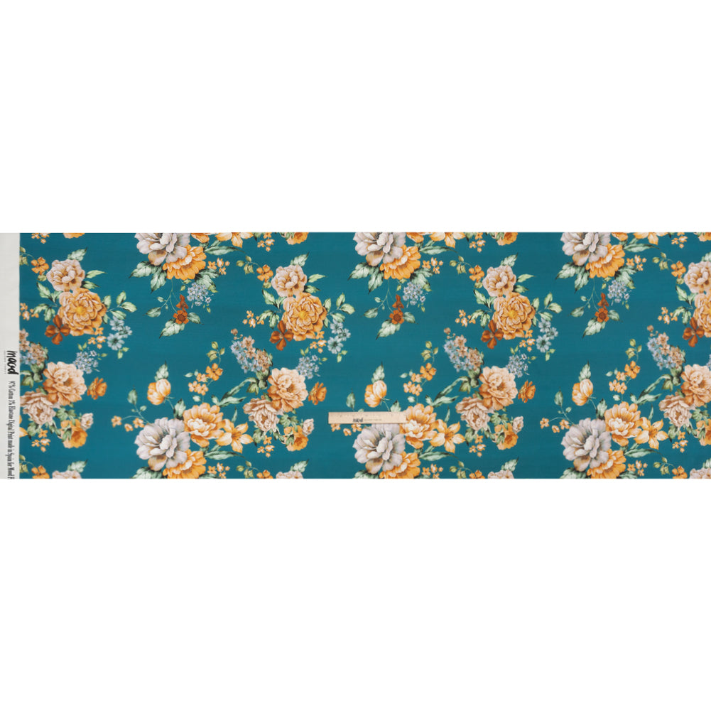 Stretch Cotton Sateen - Teal and Orange Floral - Peony Prowess Print - Mood Exclusive Tumunyana Collection - Full