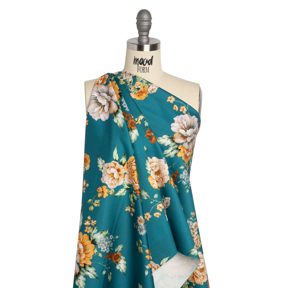 Stretch Cotton Sateen - Teal and Orange Floral - Peony Prowess Print - Mood Exclusive Tumunyana Collection - Drape