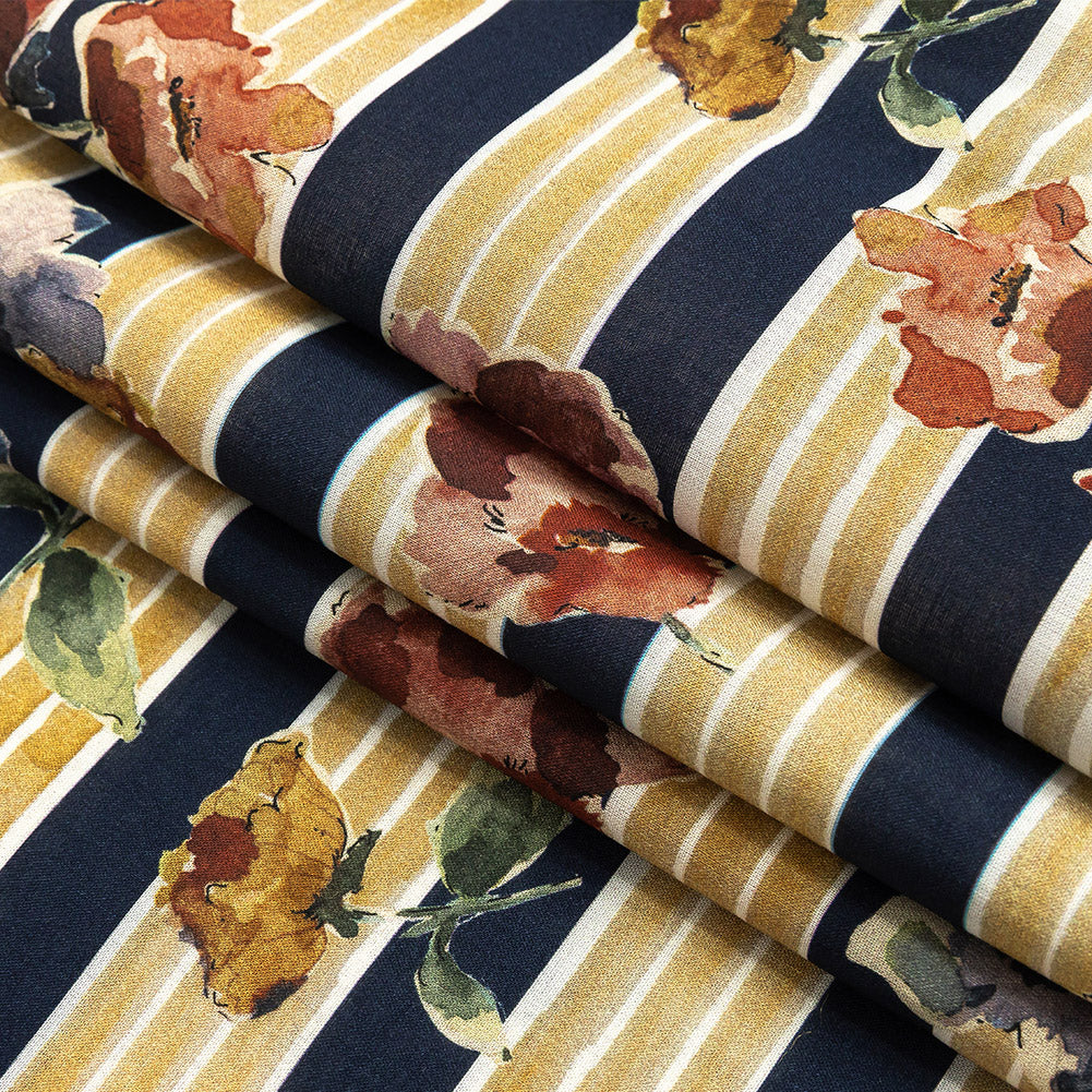 Cotton Voile - Yellow and Navy Floral over Stripes - Harmonious Hibiscus Print - Mood Exclusive Tumunyana Collection Folded