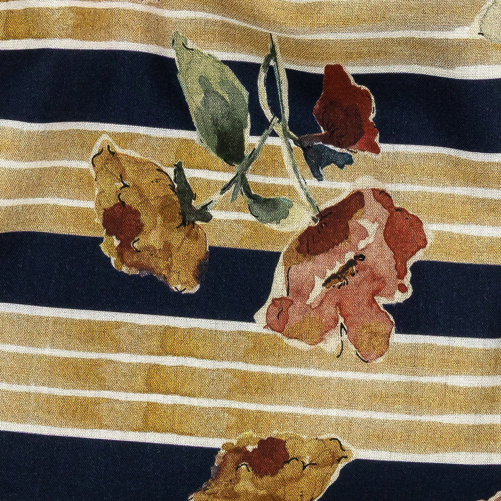 Cotton Voile - Yellow and Navy Floral over Stripes - Harmonious Hibiscus Print - Mood Exclusive Tumunyana Collection Detail