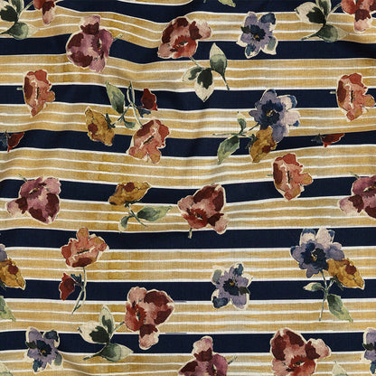 Cotton Voile - Yellow and Navy Floral over Stripes - Harmonious Hibiscus Print - Mood Exclusive Tumunyana Collection
