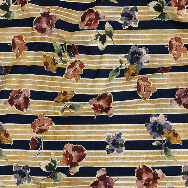 Cotton Voile - Yellow and Navy Floral over Stripes - Harmonious Hibiscus Print - Mood Exclusive Tumunyana Collection