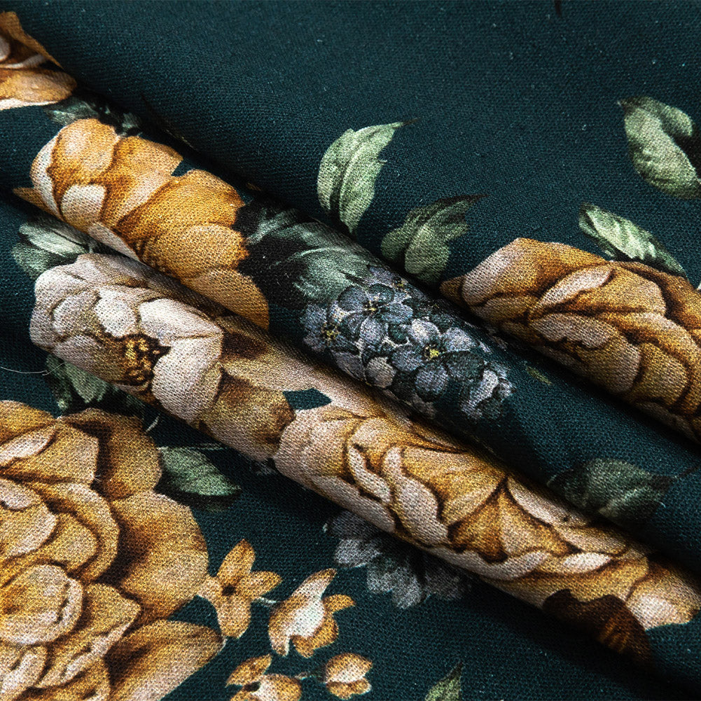 Linen and Rayon Woven - Teal and Orange Floral - Peony Prowess Print - Mood Exclusive Tumunyana Collection - Folded