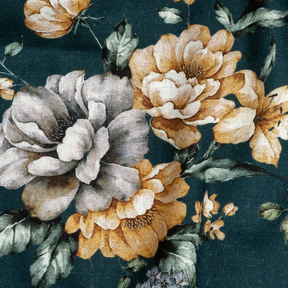 Linen and Rayon Woven - Teal and Orange Floral - Peony Prowess Print - Mood Exclusive Tumunyana Collection - Detail