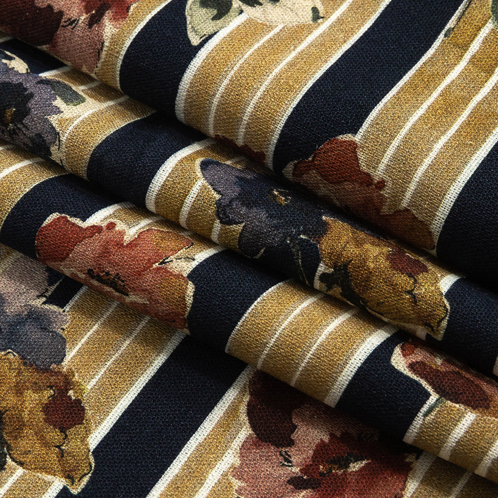 Linen and Rayon Woven - Yellow and Navy Floral over Stripes - Harmonious Hibiscus Print - Mood Exclusive Tumunyana Collection - Folded