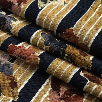 Linen and Rayon Woven - Yellow and Navy Floral over Stripes - Harmonious Hibiscus Print - Mood Exclusive Tumunyana Collection