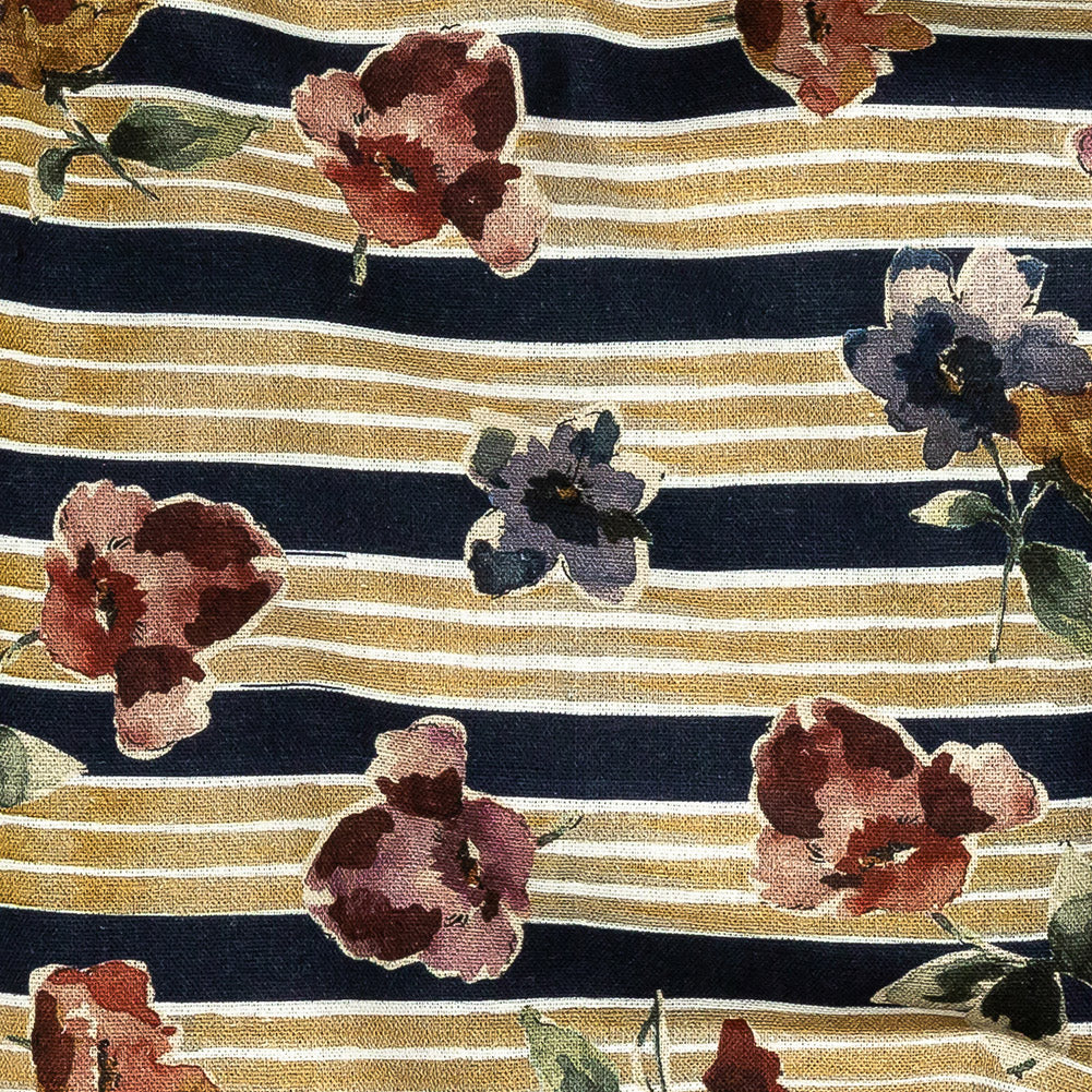 Linen and Rayon Woven - Yellow and Navy Floral over Stripes - Harmonious Hibiscus Print - Mood Exclusive Tumunyana Collection - Detail