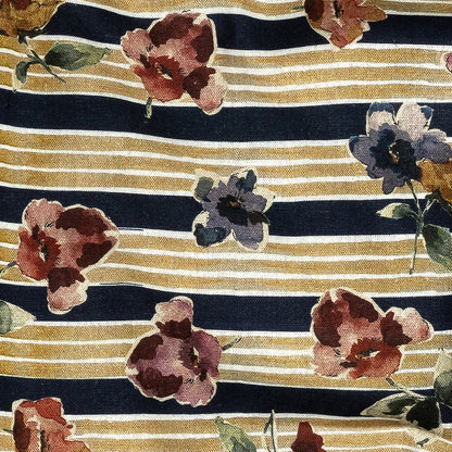 Linen and Rayon Woven - Yellow and Navy Floral over Stripes - Harmonious Hibiscus Print - Mood Exclusive Tumunyana Collection