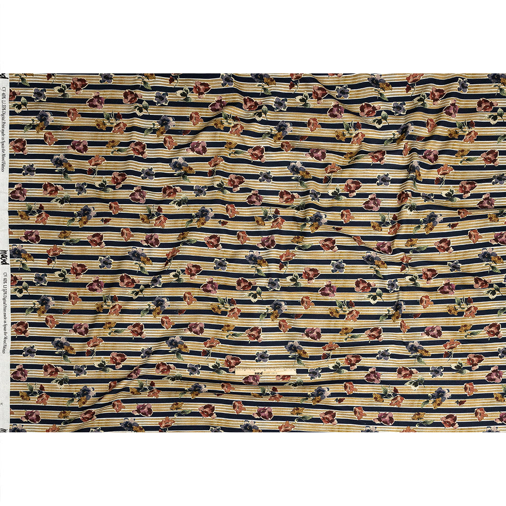 Linen and Rayon Woven - Yellow and Navy Floral over Stripes - Harmonious Hibiscus Print - Mood Exclusive Tumunyana Collection - Full