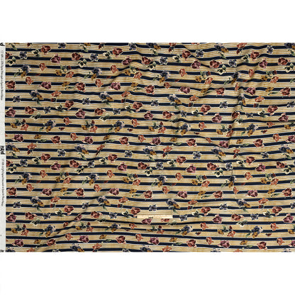 Linen and Rayon Woven - Yellow and Navy Floral over Stripes - Harmonious Hibiscus Print - Mood Exclusive Tumunyana Collection