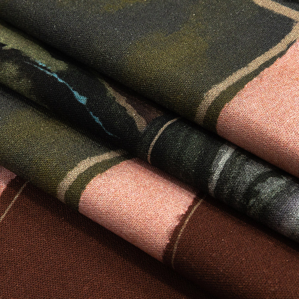 Linen and Rayon Woven - Rust, Olive and Ochre Geometric Abstract - Distorted Dimensions Print - Mood Exclusive Tumunyana Collection - Folded