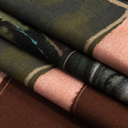 Linen and Rayon Woven - Rust, Olive and Ochre Geometric Abstract - Distorted Dimensions Print - Mood Exclusive Tumunyana Collection