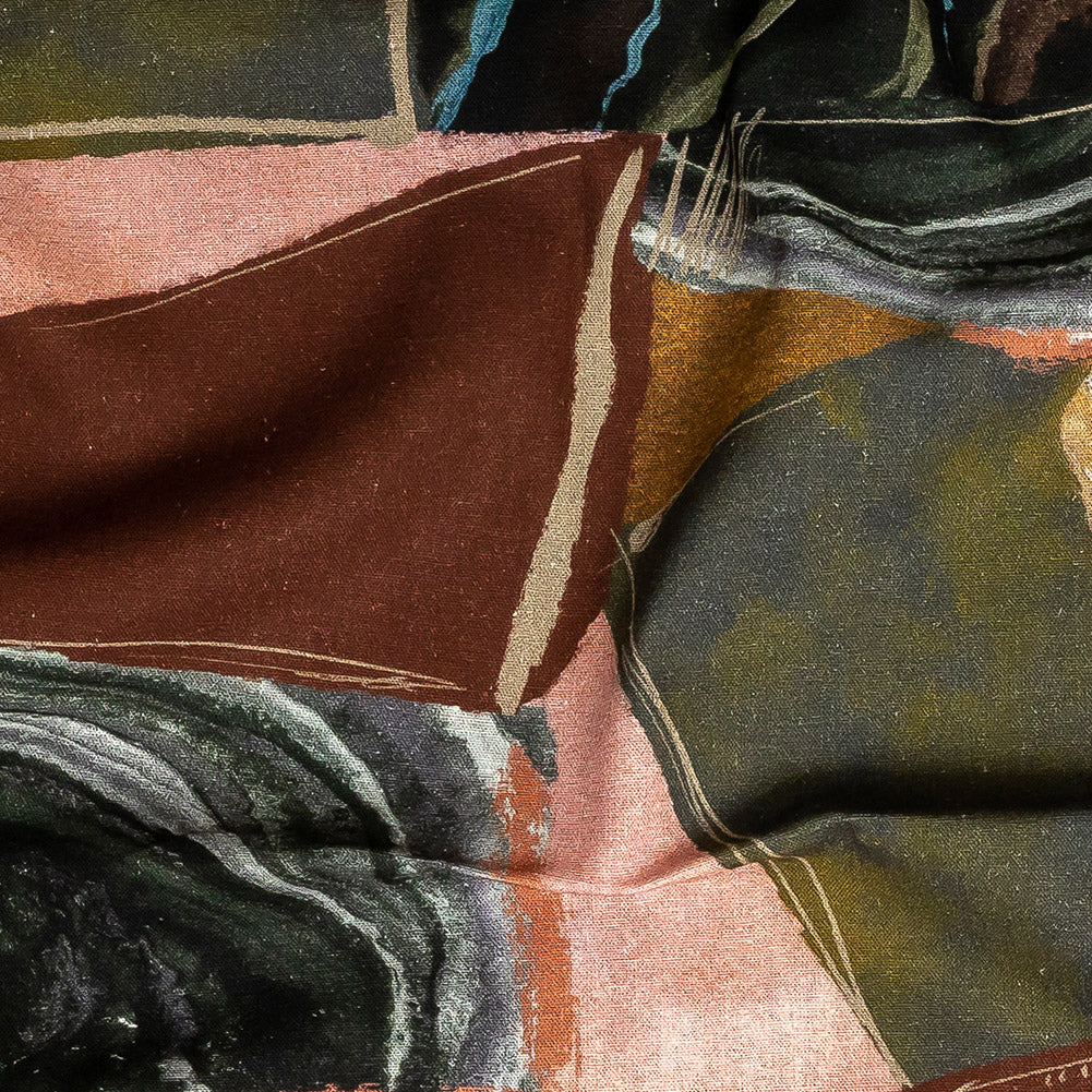 Linen and Rayon Woven - Rust, Olive and Ochre Geometric Abstract - Distorted Dimensions Print - Mood Exclusive Tumunyana Collection - Detail