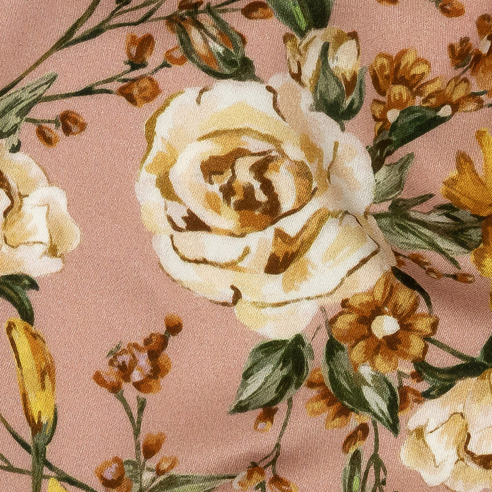Rayon Challis - Pink, Yellow and White Rose Sprays - Bella Verona Print - Mood Exclusive Viso Collection - Detail
