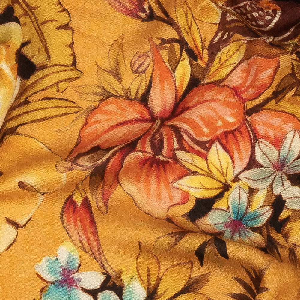 Rayon Challis - Gold and Pink Flamingoes and Flowers - Toscana Print - Mood Exclusive Viso Collection - Detail