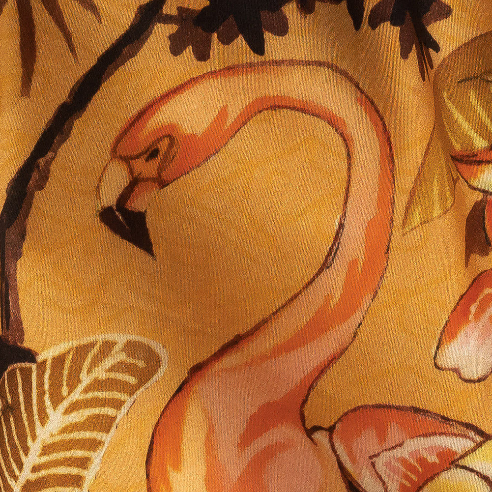 Stretch Cotton Sateen - Gold and Pink Flamingoes and Flowers - Toscana Print - Mood Exclusive Viso Collection Detail