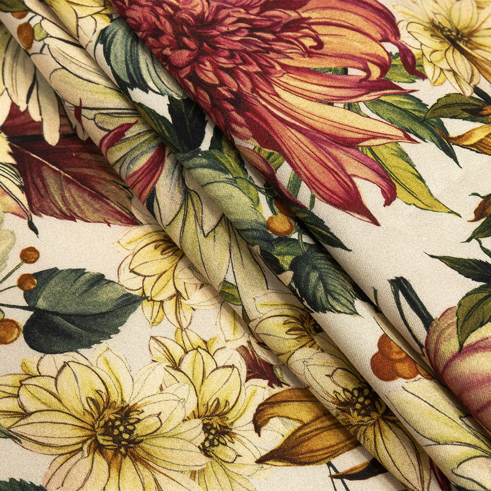 Stretch Cotton Sateen - Cream, Red and Yellow Floral - Sogni d'Oro Print - Mood Exclusive Viso Collection Folded