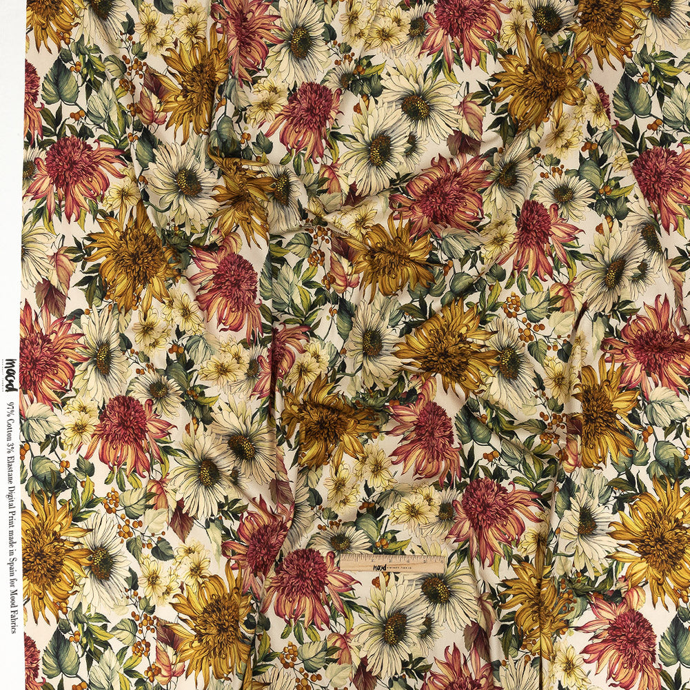 Stretch Cotton Sateen - Cream, Red and Yellow Floral - Sogni d'Oro Print - Mood Exclusive Viso Collection Full