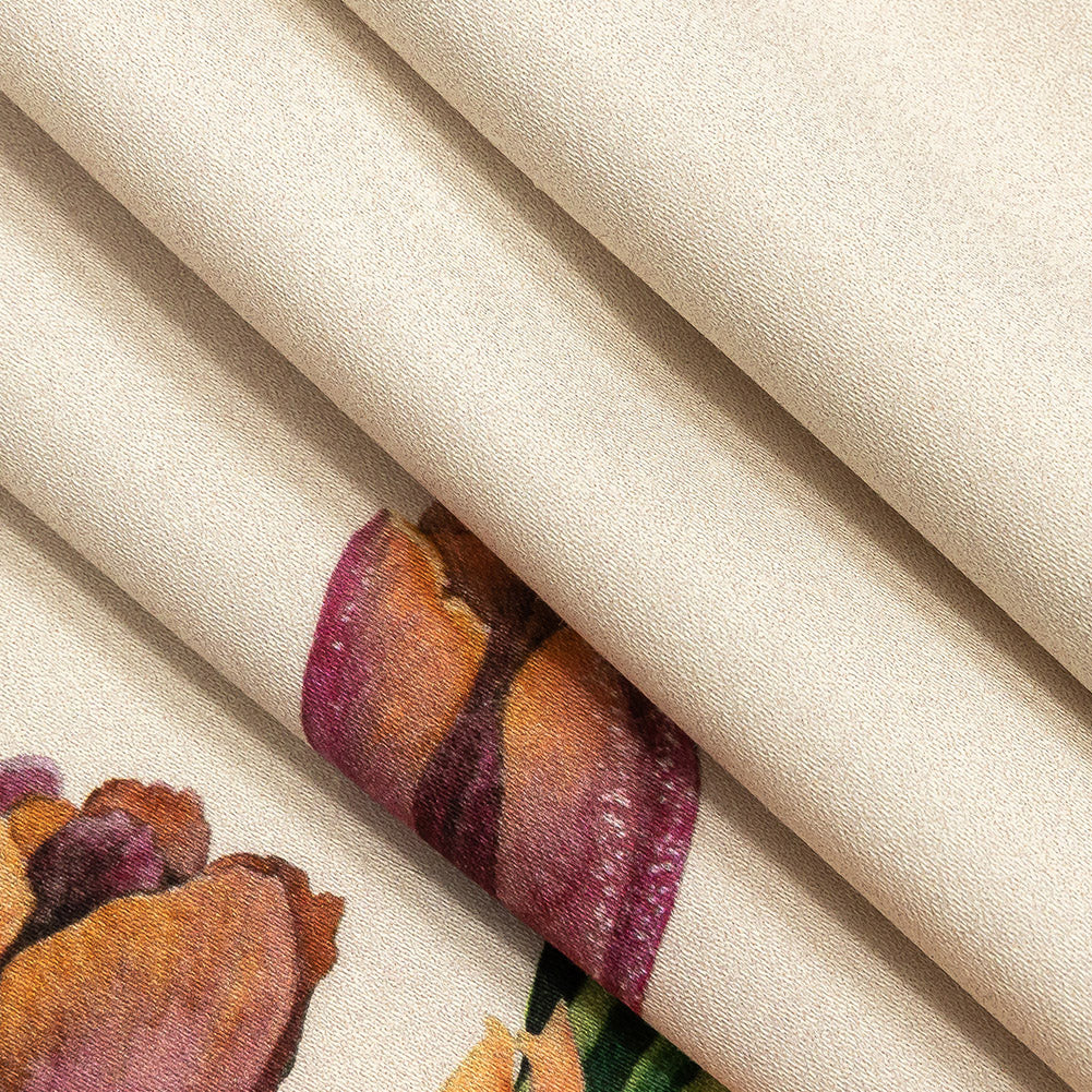 Stretch Cotton Sateen - Pink, Red and Yellow Tulips Border - Camminata Print - Mood Exclusive Viso Collection Folded