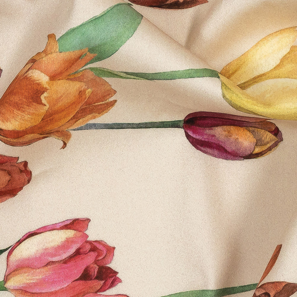Stretch Cotton Sateen - Pink, Red and Yellow Tulips Border - Camminata Print - Mood Exclusive Viso Collection Detail