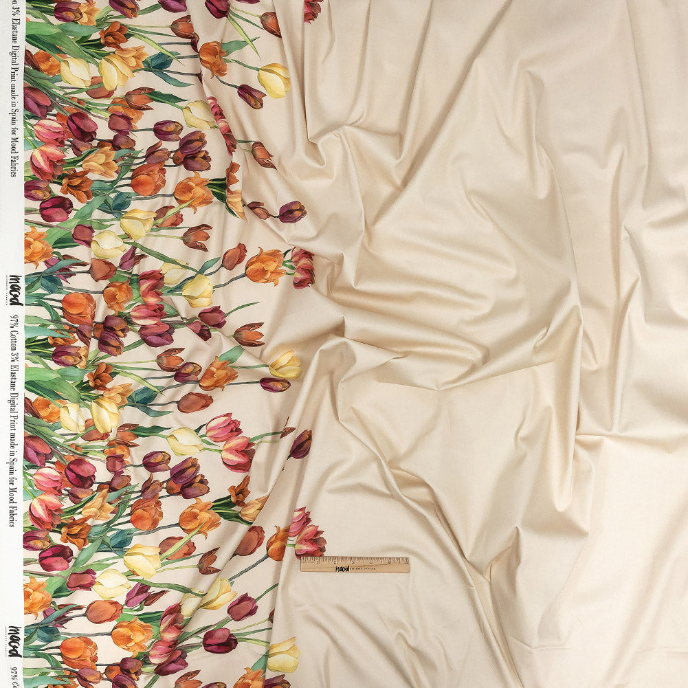 Stretch Cotton Sateen - Pink, Red and Yellow Tulips Border - Camminata Print - Mood Exclusive Viso Collection Full