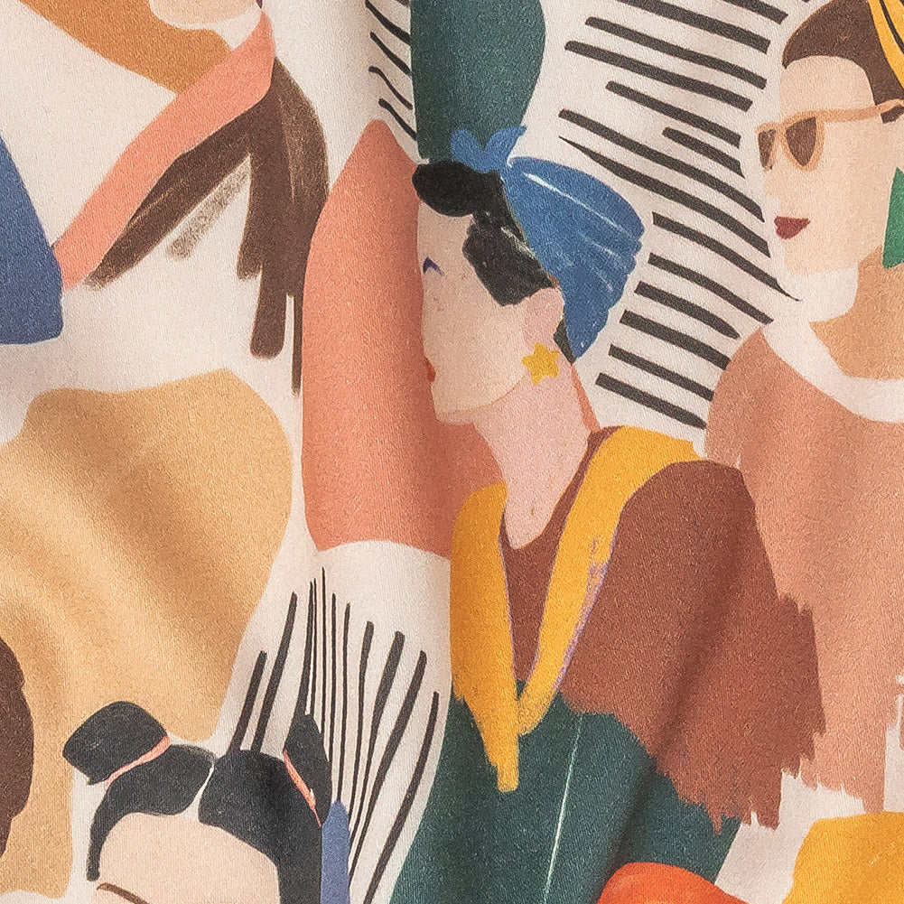 Stretch Cotton Sateen - Pink and Multi Fashionable Figures - Sulla Piazza Print - Mood Exclusive Viso Collection Detail