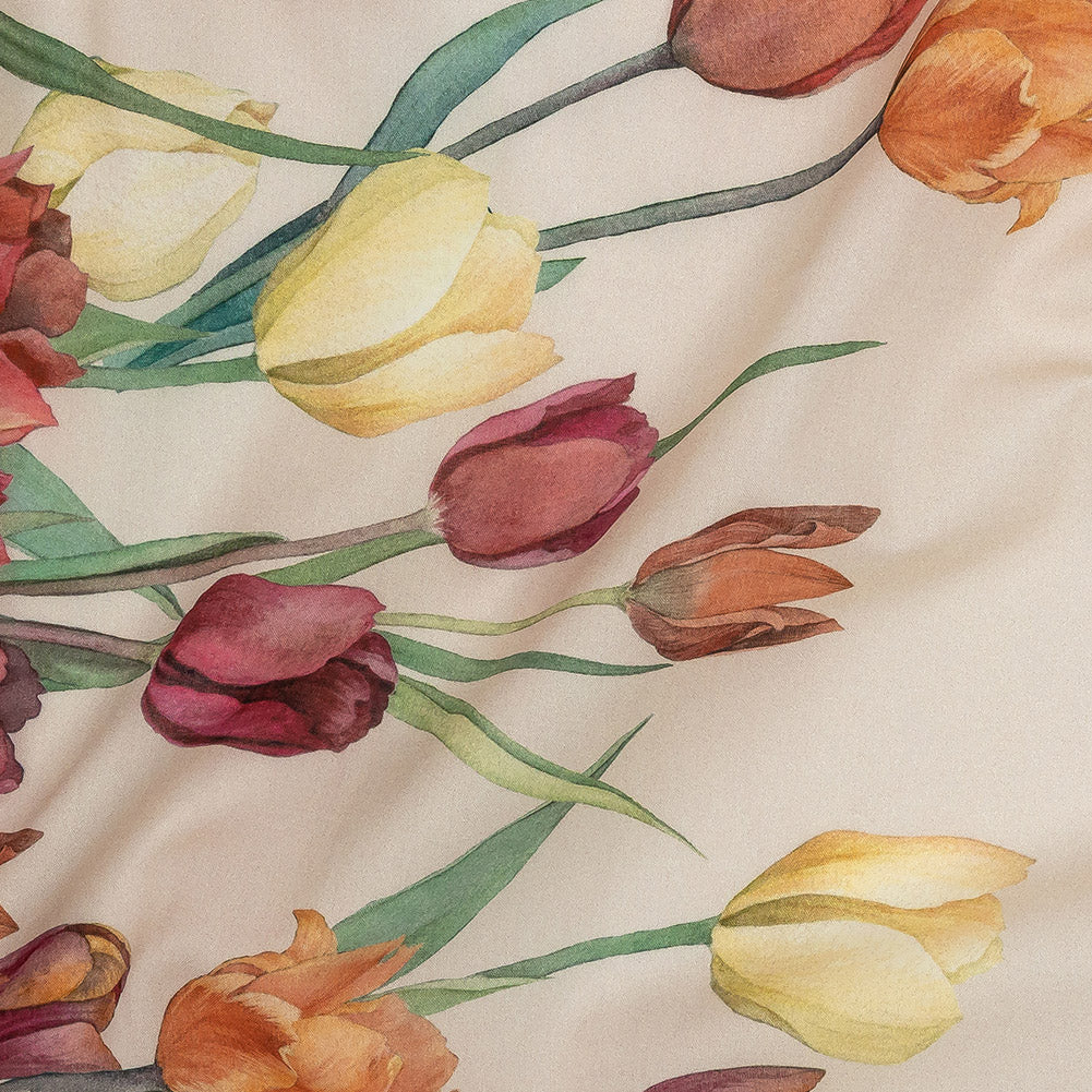 Cotton Voile - Pink, Red and Yellow Tulips Border - Camminata Print - Mood Exclusive Viso Collection - Detail