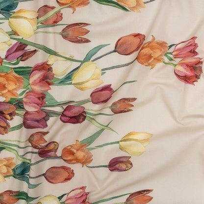 Cotton Voile - Pink, Red and Yellow Tulips Border - Camminata Print - Mood Exclusive Viso Collection