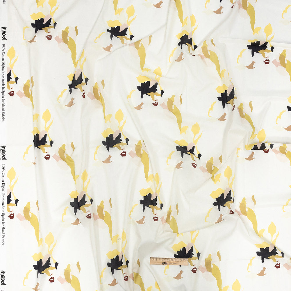 Cotton Voile - White and Yellow Floral and Faces - La Donna Print - Mood Exclusive Viso Collection - Full