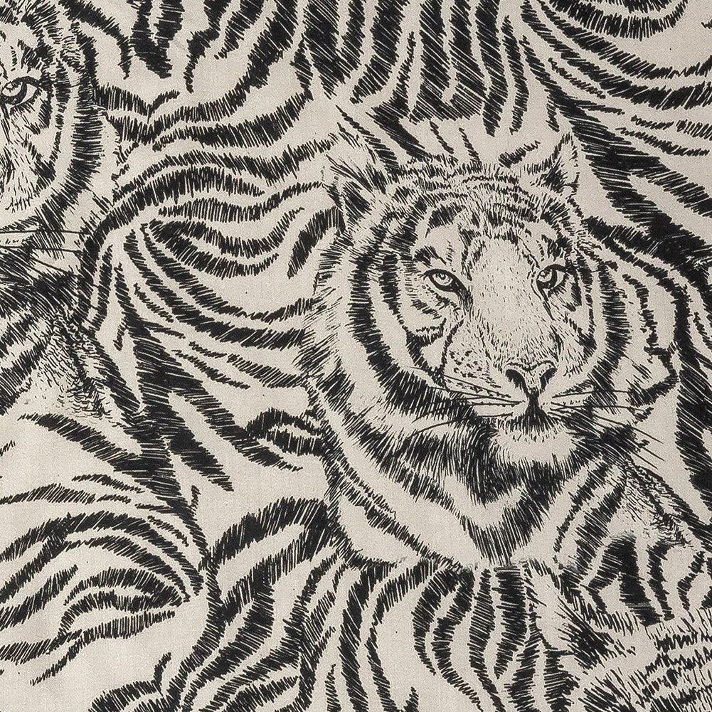 Rayon Challis Panel - Black and White Tigers - Smiling Peril Print - Mood Exclusive Rio Collection - Detail
