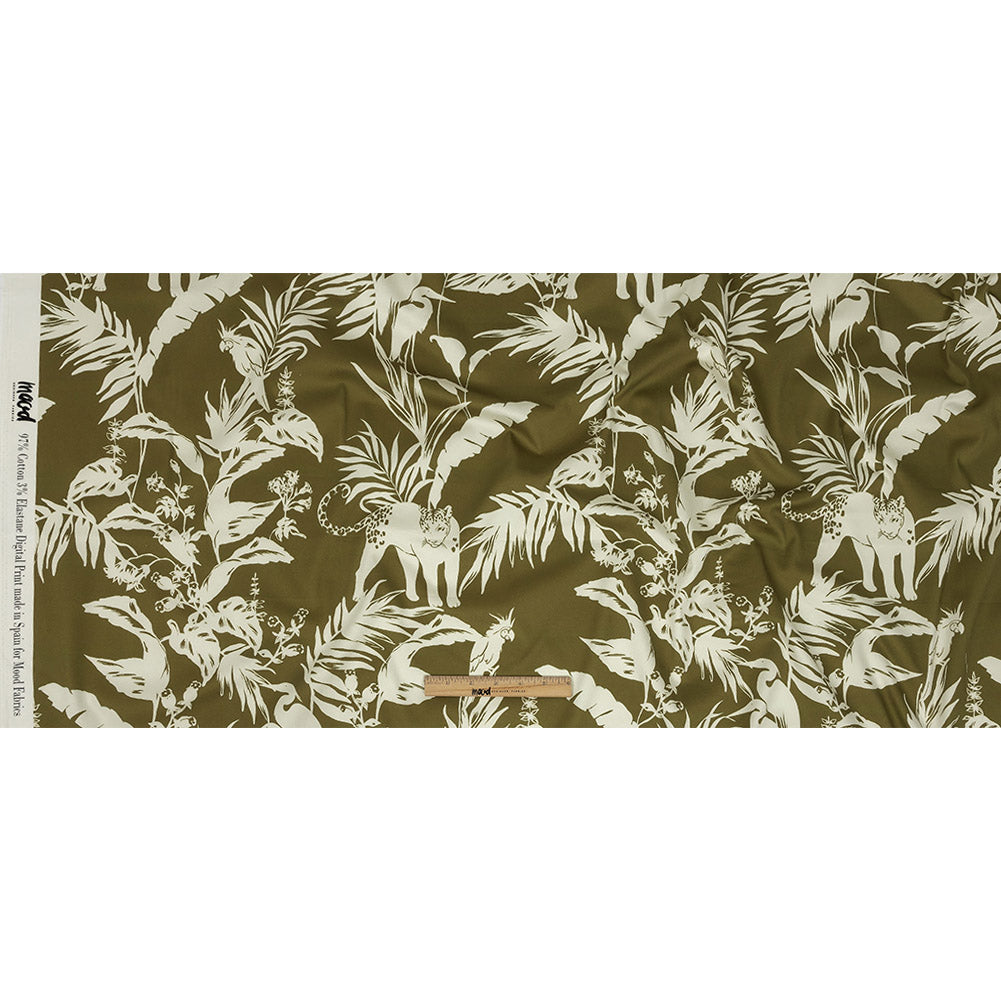 Stretch Cotton Sateen - Olive Animals and Leaves - Understory Samba Print - Mood Exclusive Rio Collection - Full