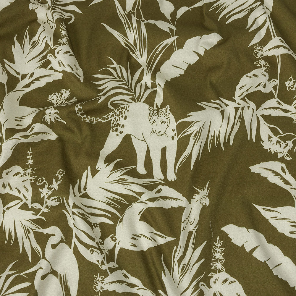 Stretch Cotton Sateen - Olive Animals and Leaves - Understory Samba Print - Mood Exclusive Rio Collection