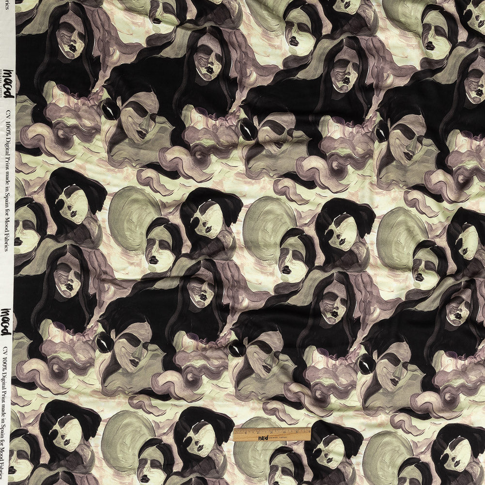 Rayon Challis - Purple and Green Painted Faces - Lost Lenore Print - Mood Exclusive Twilight Collection Full