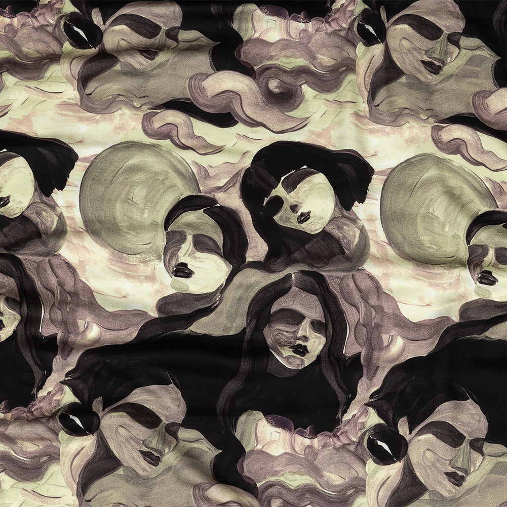 Rayon Challis - Purple and Green Painted Faces - Lost Lenore Print - Mood Exclusive Twilight Collection