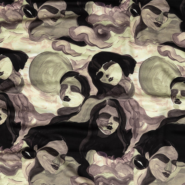 Rayon Challis - Purple and Green Painted Faces - Lost Lenore Print - Mood Exclusive Twilight Collection