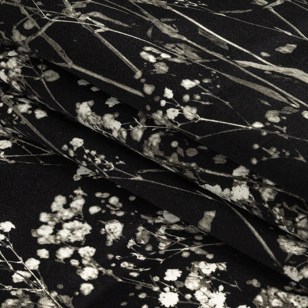 Stretch Cotton Sateen Panel - White and Black Flowering Branches - Ghost Light Growth Print - Mood Exclusive Twilight Collection Folded