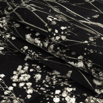 Stretch Cotton Sateen Panel - White and Black Flowering Branches - Ghost Light Growth Print - Mood Exclusive Twilight Collection Folded