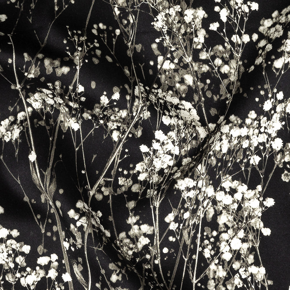 Stretch Cotton Sateen Panel - White and Black Flowering Branches - Ghost Light Growth Print - Mood Exclusive Twilight Collection Detail