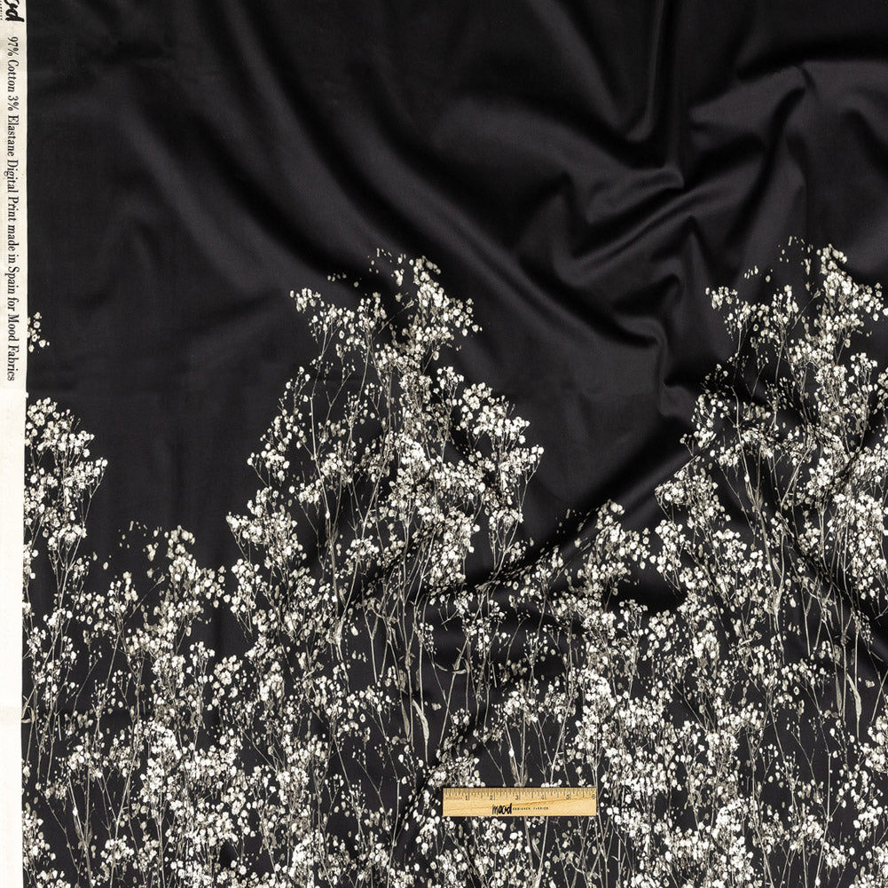 Stretch Cotton Sateen Panel - White and Black Flowering Branches - Ghost Light Growth Print - Mood Exclusive Twilight Collection Full