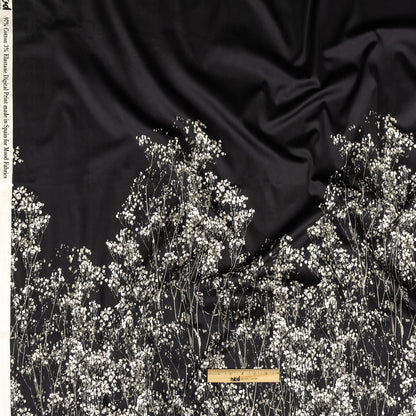 Stretch Cotton Sateen Panel - White and Black Flowering Branches - Ghost Light Growth Print - Mood Exclusive Twilight Collection Full