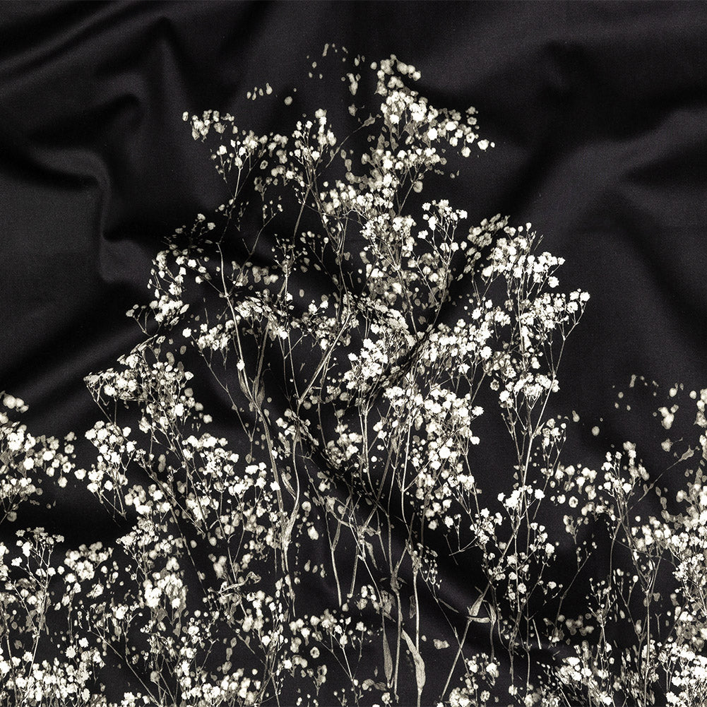 Stretch Cotton Sateen Panel - White and Black Flowering Branches - Ghost Light Growth Print - Mood Exclusive Twilight Collection