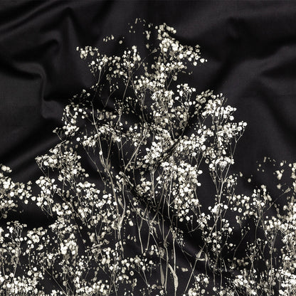Stretch Cotton Sateen Panel - White and Black Flowering Branches - Ghost Light Growth Print - Mood Exclusive Twilight Collection