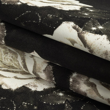 Stretch Cotton Sateen - Black and White Starry Floral - Rose Dread Print - Mood Exclusive Twilight Collection Folded