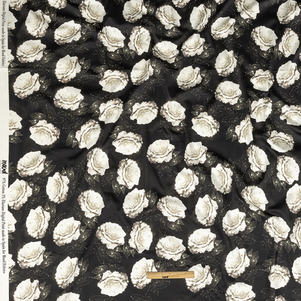 Stretch Cotton Sateen - Black and White Starry Floral - Rose Dread Print - Mood Exclusive Twilight Collection Full