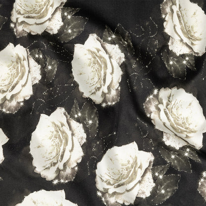 Stretch Cotton Sateen - Black and White Starry Floral - Rose Dread Print - Mood Exclusive Twilight Collection