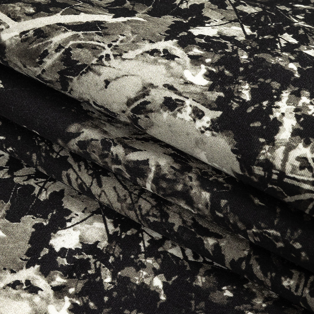 Stretch Cotton Sateen - Black and White Leafy Branches - Sylvan Spectres Print - Mood Exclusive Twilight Collection Folded